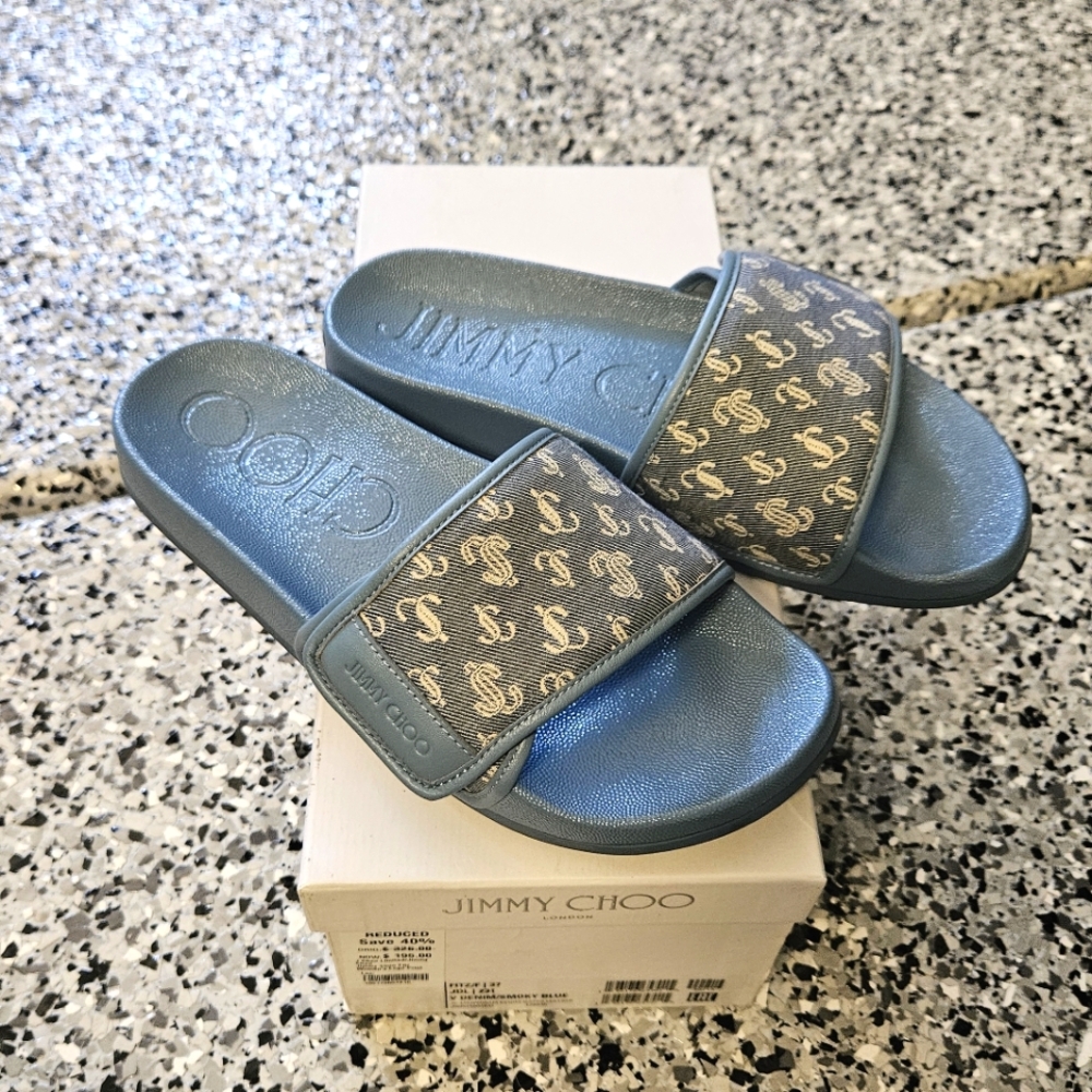 Jimmy Choo Fitz Smoky Blue Nappa Leather And JC Monogram Denim Slides Size 7